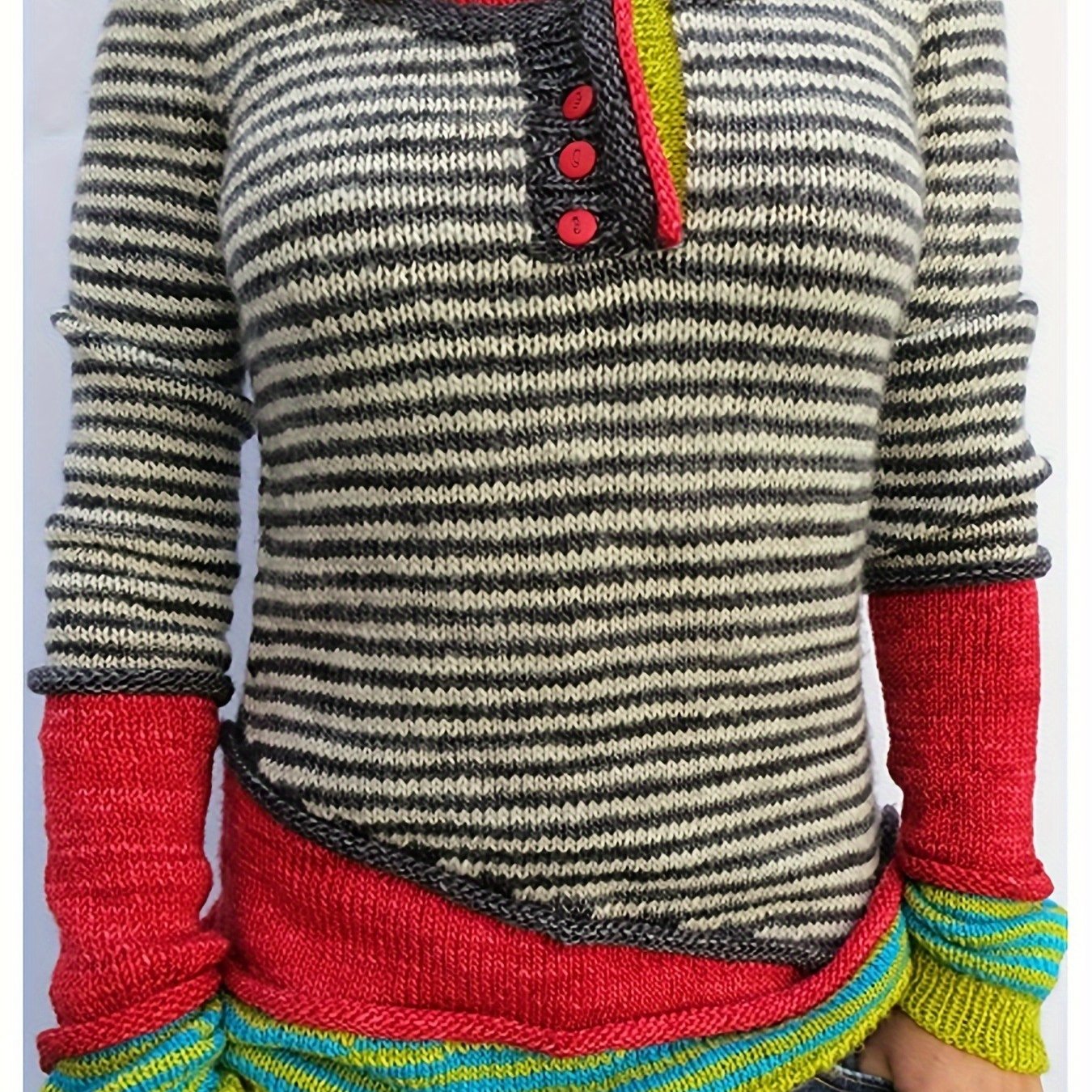 TEMU Sweter damski Y2K w asymetryczne wzory, wielokolorowe paski i długie rękawy