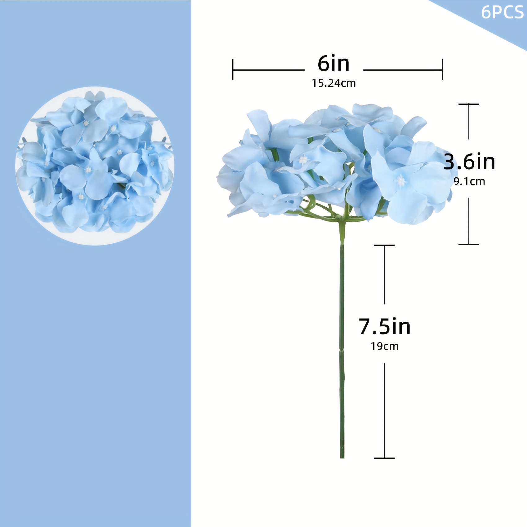 TEMU 6 szt. Sztuczne Hortensje w Kolorze Jasnoniebieskim, Dekoracyjne Kwiaty z Łodygami do DIY, Wypełniacze do Wazonów, Ozdoby Ślubne i Domowe, Do
