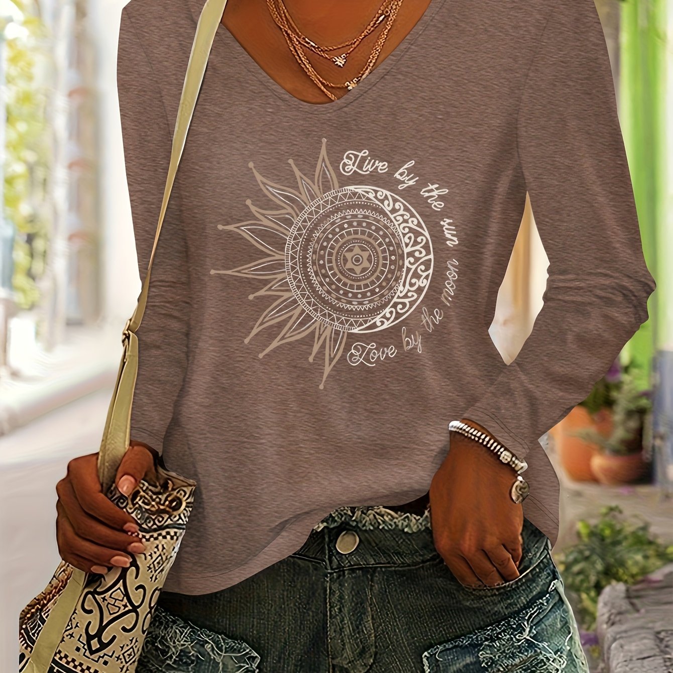 TEMU Damski Różowy T-Shirt z Dekoltem w Serek i Długim Rękawem w i Słoneczniki - Boho Chic Bluzka z Rayonu z Indyjskim Węzłem, Luźny Fason na Warstwy