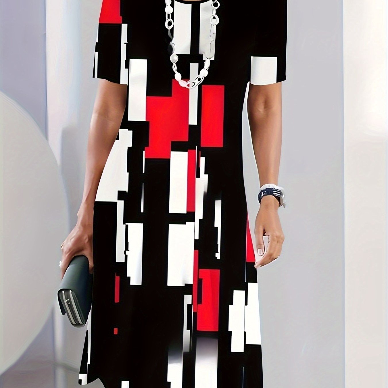 TEMU Elegancka Sukienka Damska z Krótkim Rękawem i Okrągłym Dekoltem na Wiosnę, i Jesień – Dopasowana Sukienka z Geometrycznym Wzorem, Idealna na