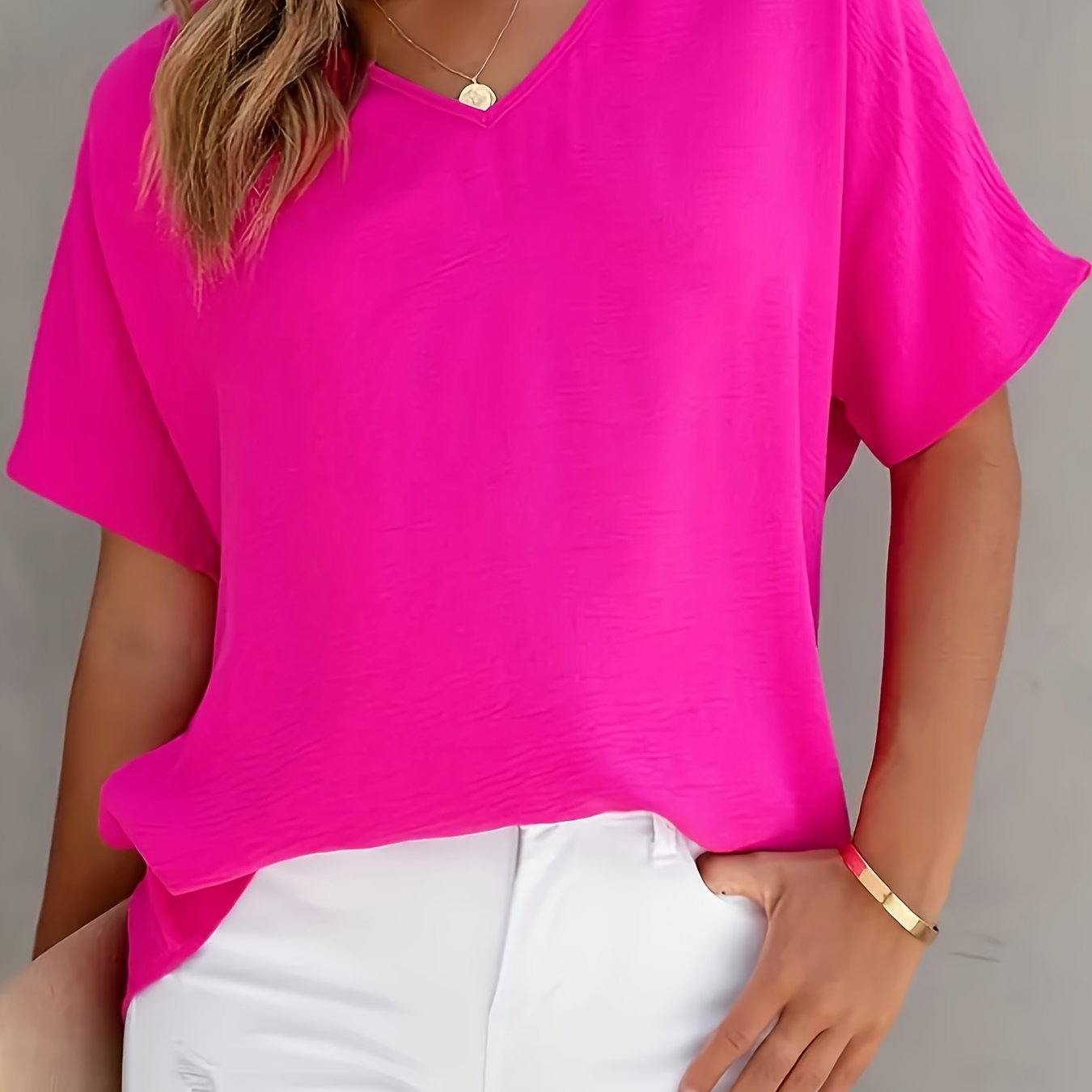 TEMU letnia, luźna koszulka damska z krótkim rękawem i dekoltem w serek, w jednolitym kolorze, uniwersalna i codzienna