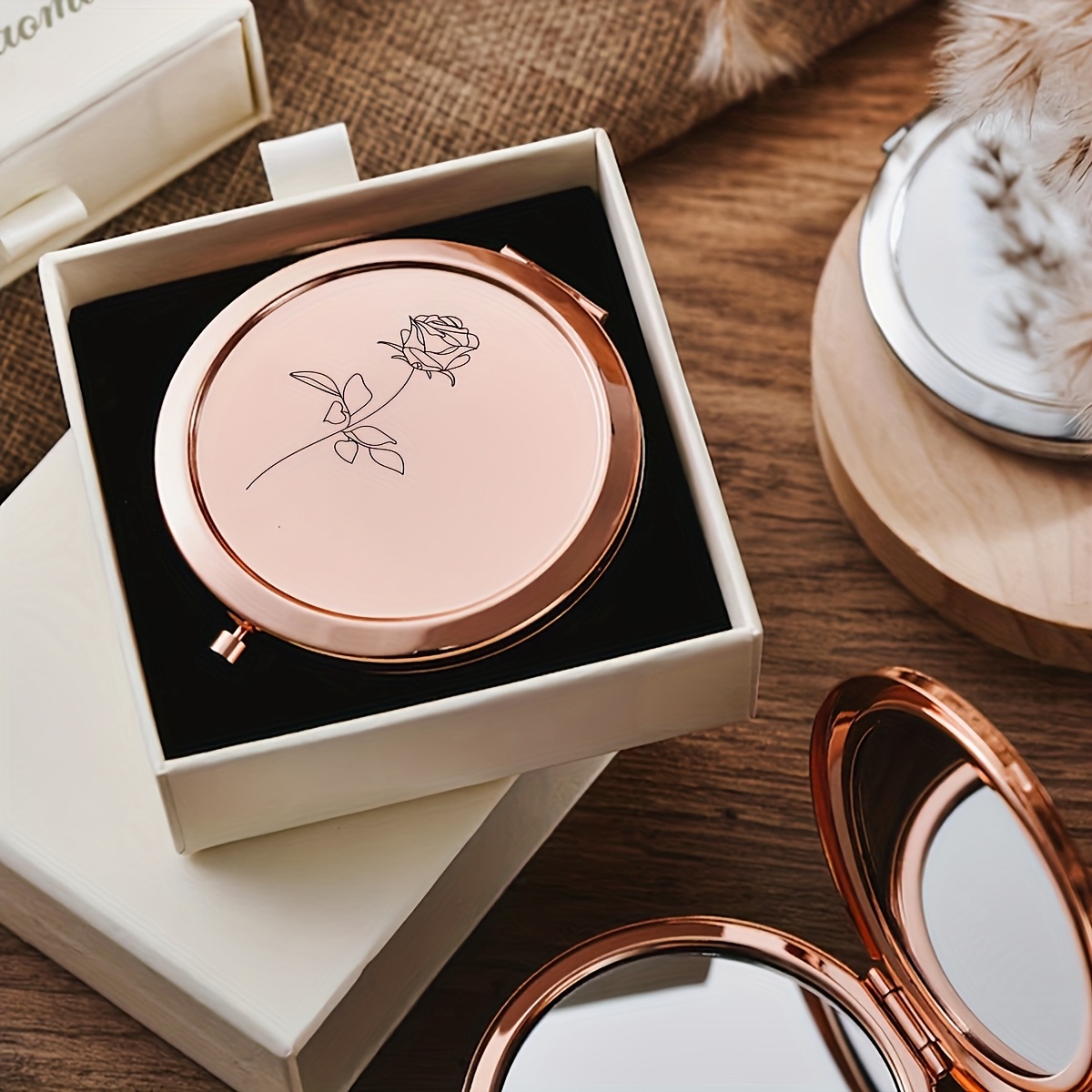 TEMU Zestaw 1 sztuka - Lustro + pudełko Kieszonkowe lustro do makijażu na zamówienie Piękny prezent ślubny, Prezent na Dzień , Delikatnie rzeźbione