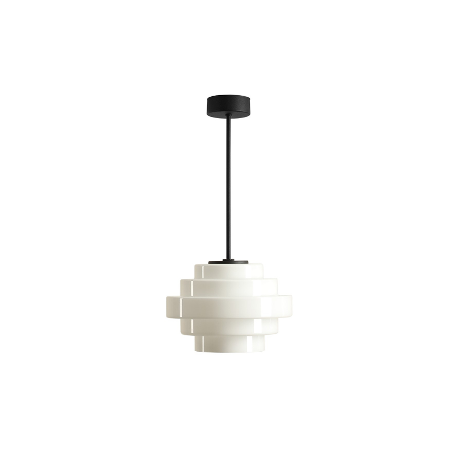 Lampa wisząca Filo Milky S 28 retro z białym kloszem i czarnym zawieszeniem 30 cm