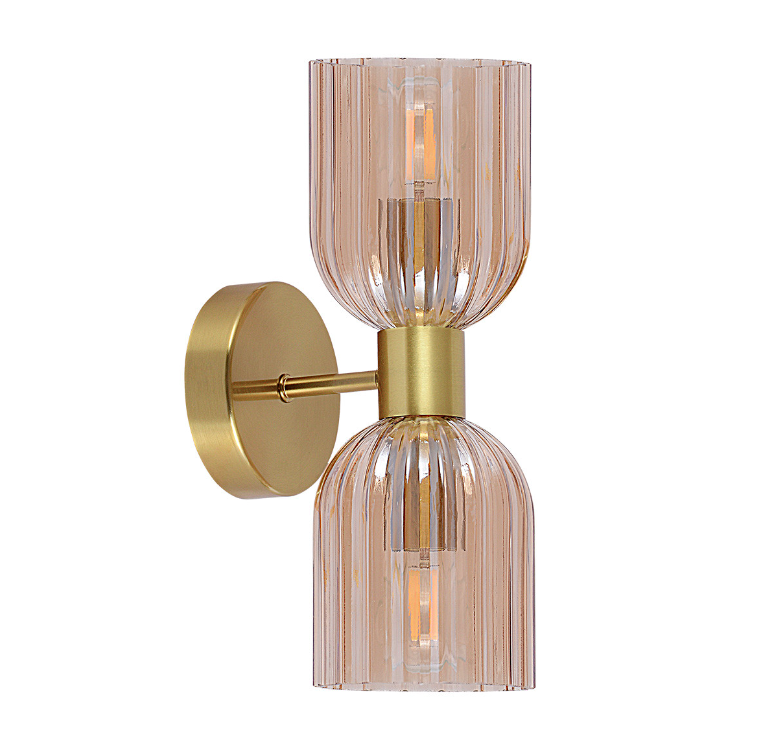 Podwójny kinkiet w złotym kolorze Piega 2 z bursztynowym kloszem