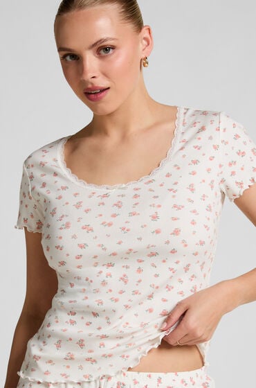 Hunkemöller Prążkowany koronkowy top z krótkim rękawem Biały