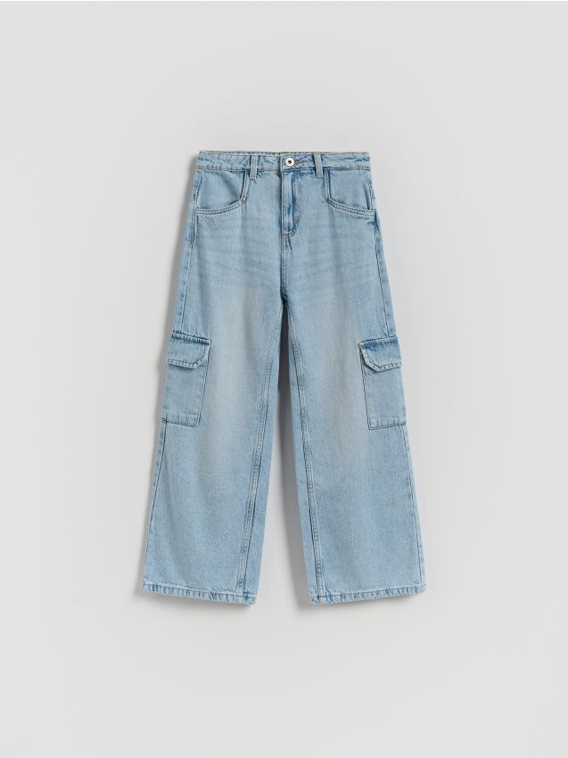 Reserved - Jeansy wide leg z kieszeniami cargo - niebieski