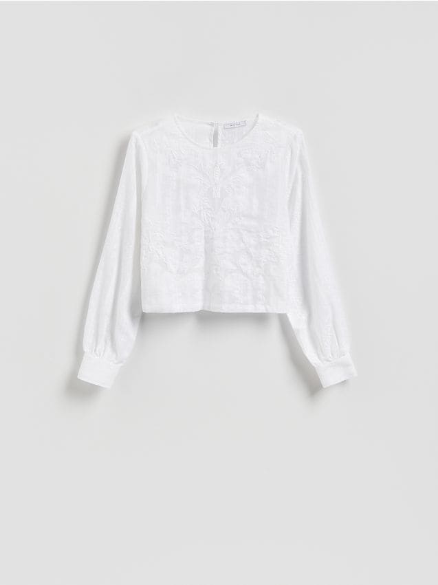 Reserved - Bluzka z haftowanym wzorem - złamana biel