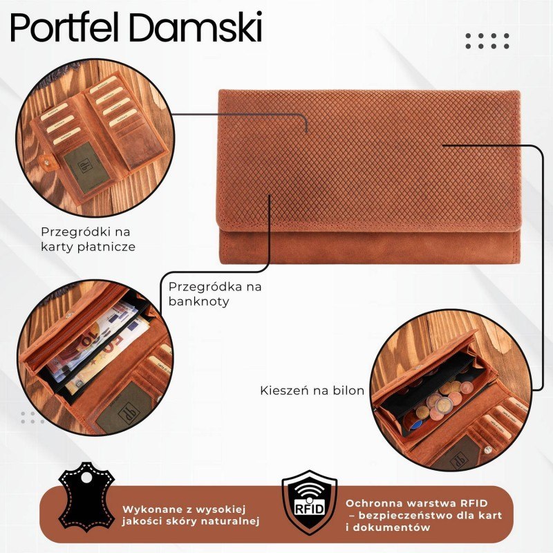 Portfel damski skórzany duży pomarańczowy pojemny vintage Paolo Peruzzi T-113-HOR