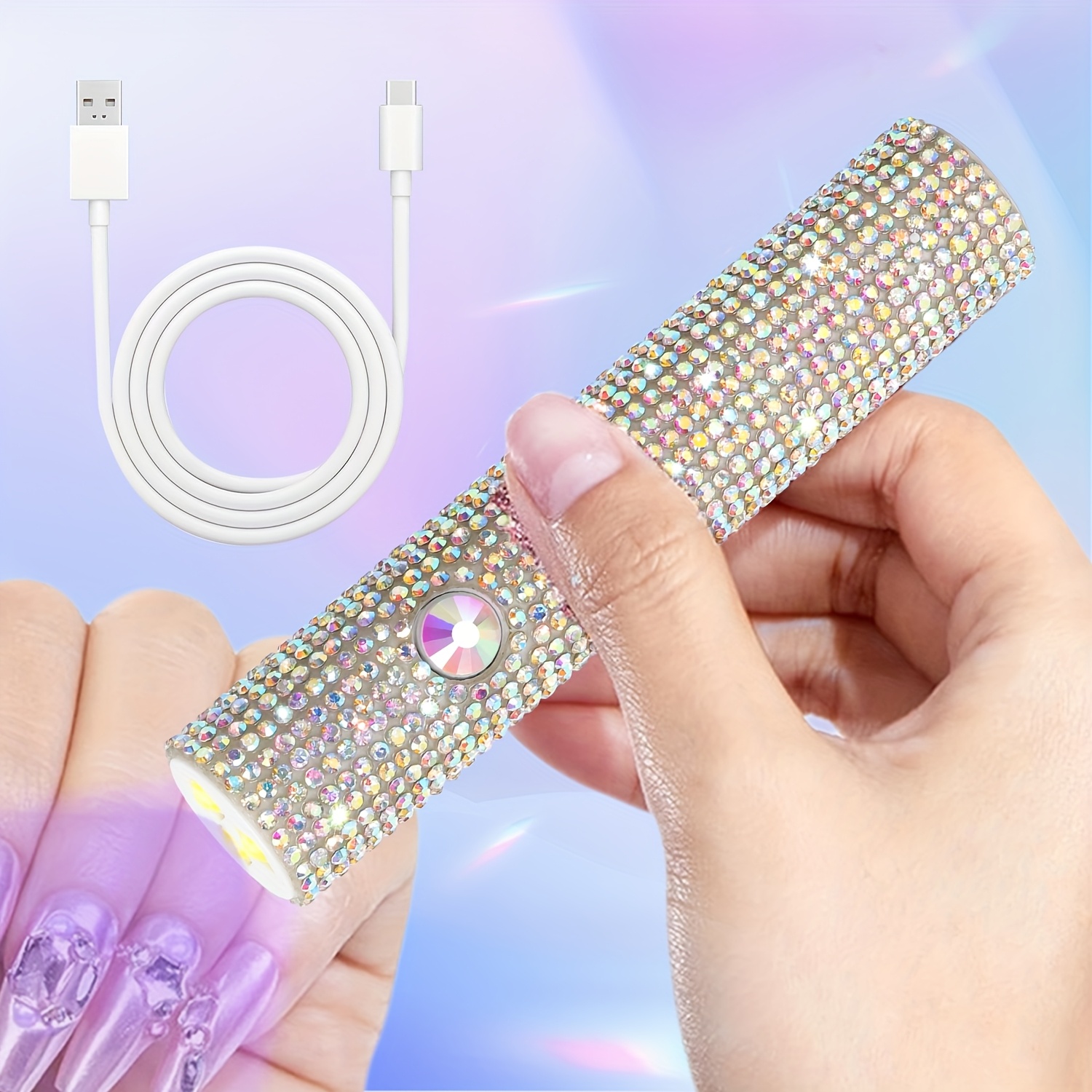 TEMU Przenośna Lampa do Lakieru na Paznokcie z Błyszczącymi Kamieniami - Ręczny Oświetlacz do Manicure, Ładowanie przez USB, Wbudowana Bateria,