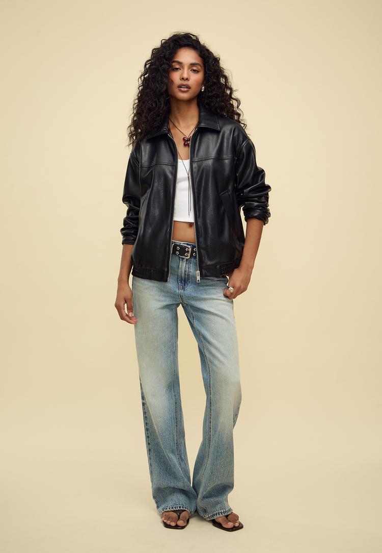Stradivarius Kurtka oversize ze sztucznej skóry Czarny L