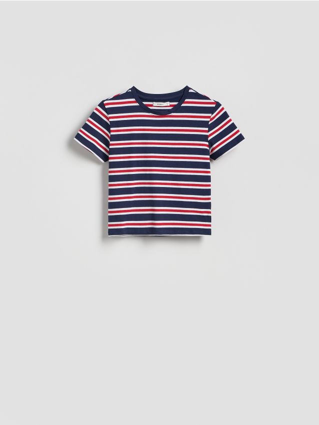 Reserved - Krótki t-shirt w paski - granatowy