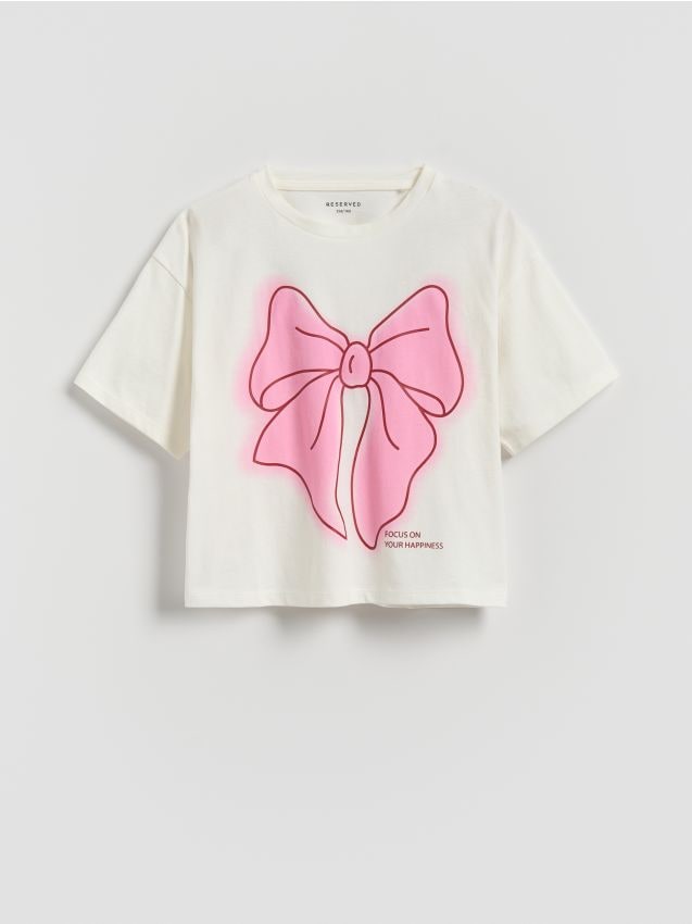 Reserved - Luźny t-shirt z nadrukiem - złamana biel