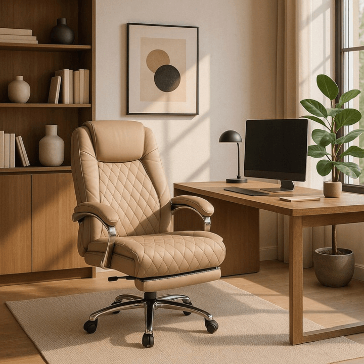 Fotel Biurowy Masujący z Funkcją Podgrzewania GIORGIO Obrotowy Beżowy Ekoskóra Nowoczesny