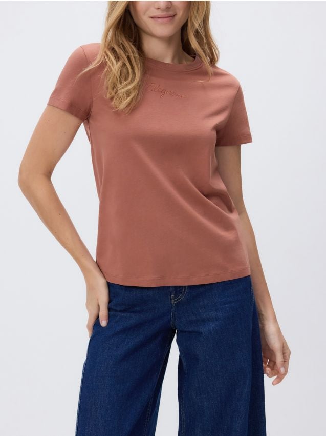 Reserved - T-shirt z drobnym haftem - warm olive
