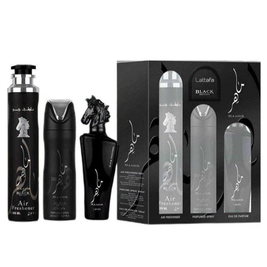 SET LATTAFA Maahir Black Edition EDP spray 100ml + PERFUMED SPRAY 200ml + AIR FRESHENER 300ml