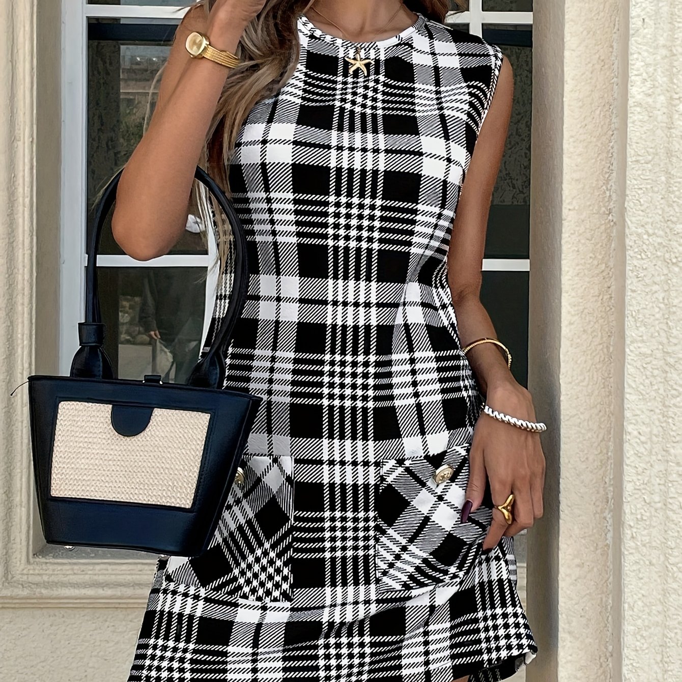 TEMU Damska mini sukienka w kratkę z kieszeniami - A-line, okrągły dekolt, na każdą porę roku, czarno-biała kratka, idealna na codzienną odzież dla