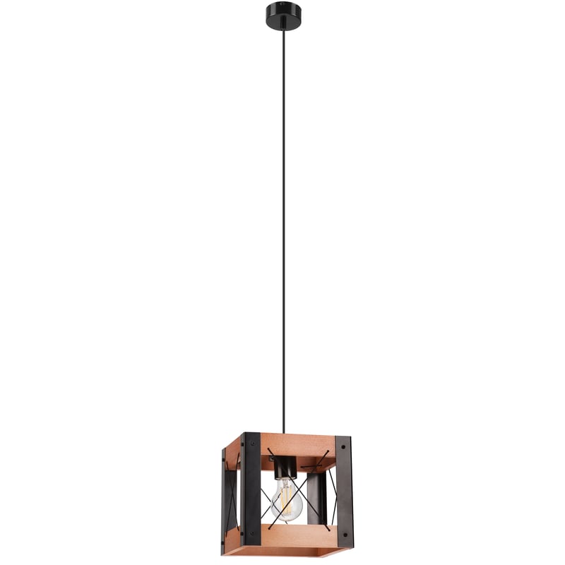 Lampa wisząca Frida czarna z rustykalnym drewnem E27 Lamkur