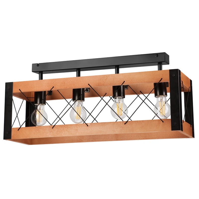 Lampa sufitowa Frida czarna z rustykalnym drewnem 4 x E27 Lamkur