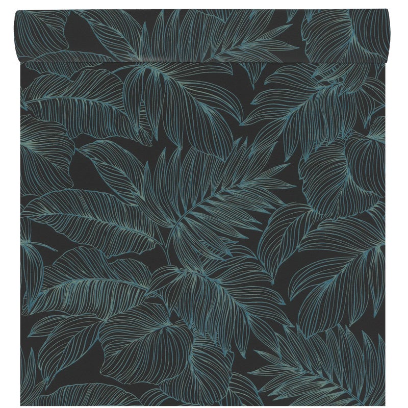 Tapeta liście czarno-niebieska winylowa na flizelinie