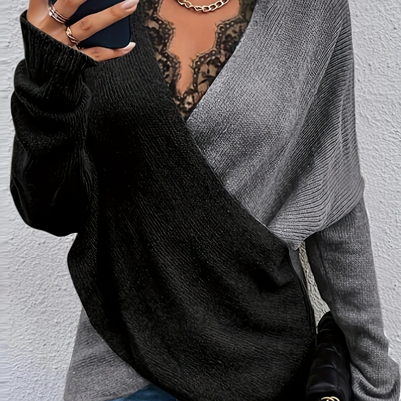 TEMU Damski sweter z dekoltem w serek i koronkowymi wstawkami od Rachel