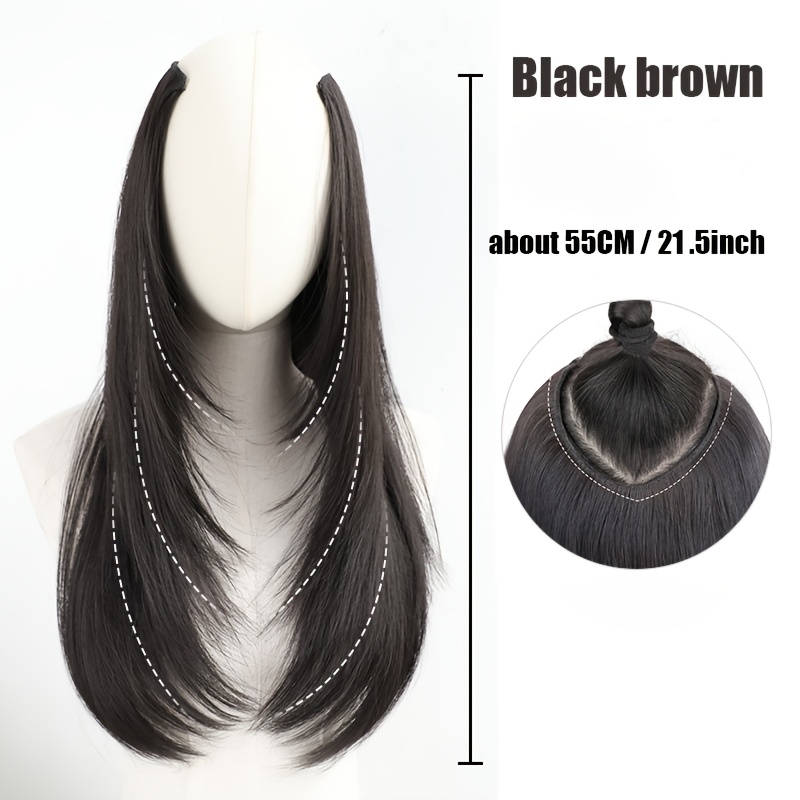 TEMU Eleganckie Damskie Przedłużanie Włosów na Klipsy - Gładkie, Proste Czarne Włosy z Dekoracyjnymi Perłami, Włókno Odporności na Wysoką Temperaturę