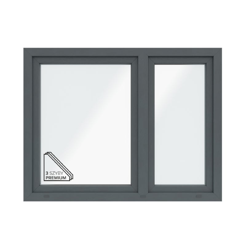 Okno PCV 3-szybowe fasadowe O19/85 antracytowe 1465x1135 mm otwierane do wewnątrz lewe Witraż