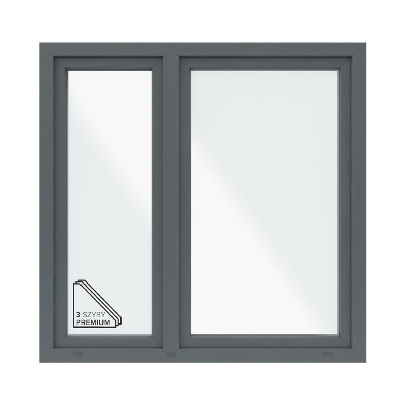 Okno PCV 3-szybowe fasadowe O34/85 antracytowe 1465x1435 mm otwierane do wewnątrz prawe Witraż