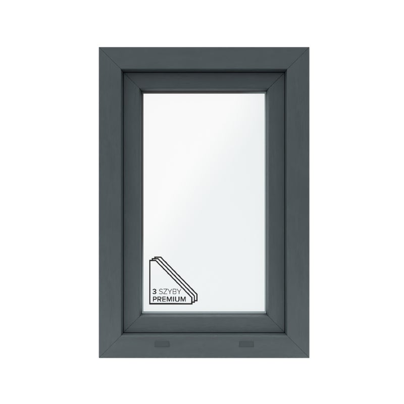 Okno PCV 3-szybowe fasadowe O4P/85 antracytowe 565x835 mm otwierane do wewnątrz prawe Witraż