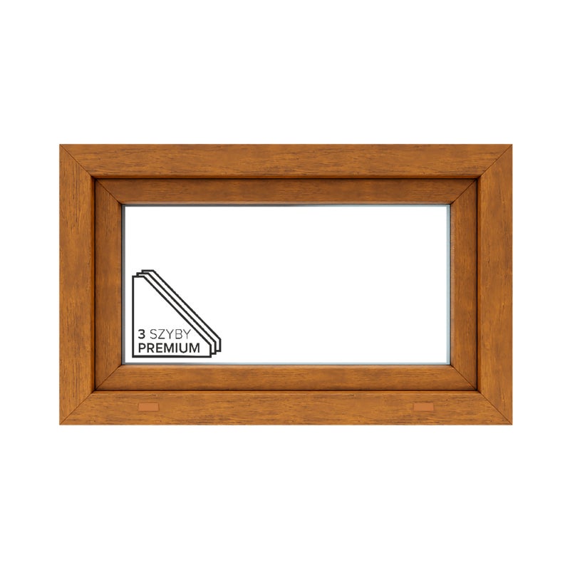 Okno PCV 3-szybowe fasadowe O2/85 złoty dąb 865x535 mm uchylne do wewnątrz Witraż