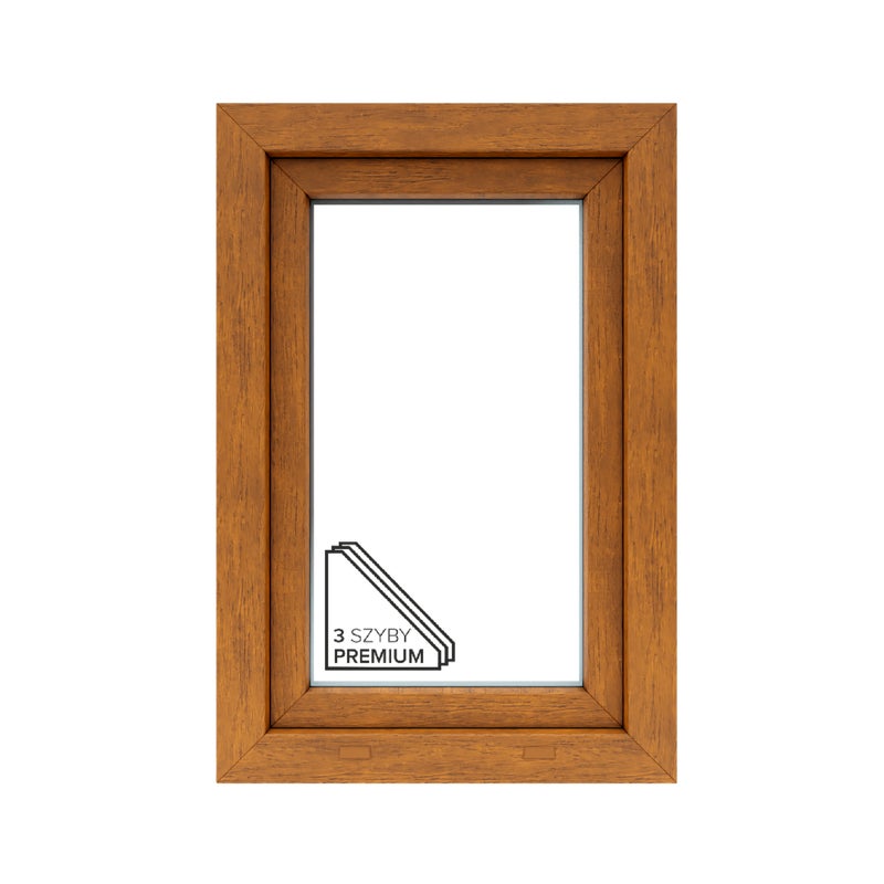Okno PCV 3-szybowe fasadowe O4U/85 złoty dąb 565x835 mm uchylne do wewnątrz Witraż