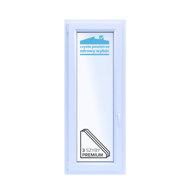 Okno PCV 3-szybowe fasadowe O27 białe 565x1435 mm otwierane do wewnątrz lewe TROCAL 76MD Witraż