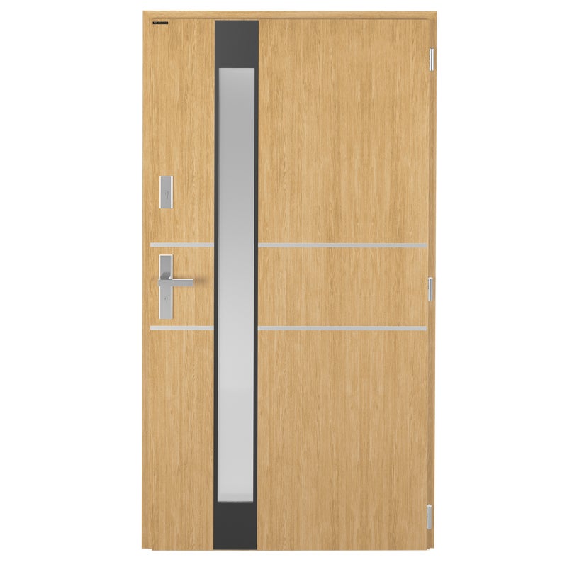 Drzwi zewnętrzne stalowe wejściowe Titanium Wood Oak srebrna szyba 90 prawe Wiśniowski