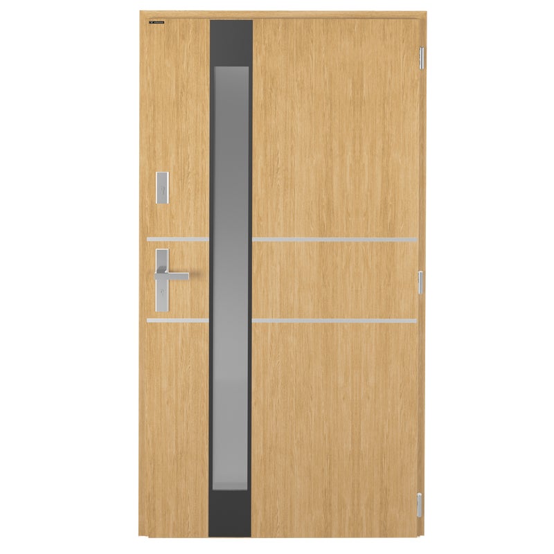 Drzwi zewnętrzne stalowe wejściowe Titanium Wood Oak szara szyba 90 prawe Wiśniowski