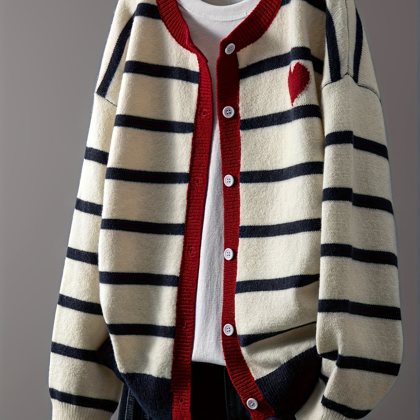 TEMU Kardigan Damski na Guziki - Długi Rękaw, Wzór w Paski Beżowo-Czerwony, Okrągły Dekolt, Lekki i Wygodny na Jesień/Zimę, Kardigan z Teksturą