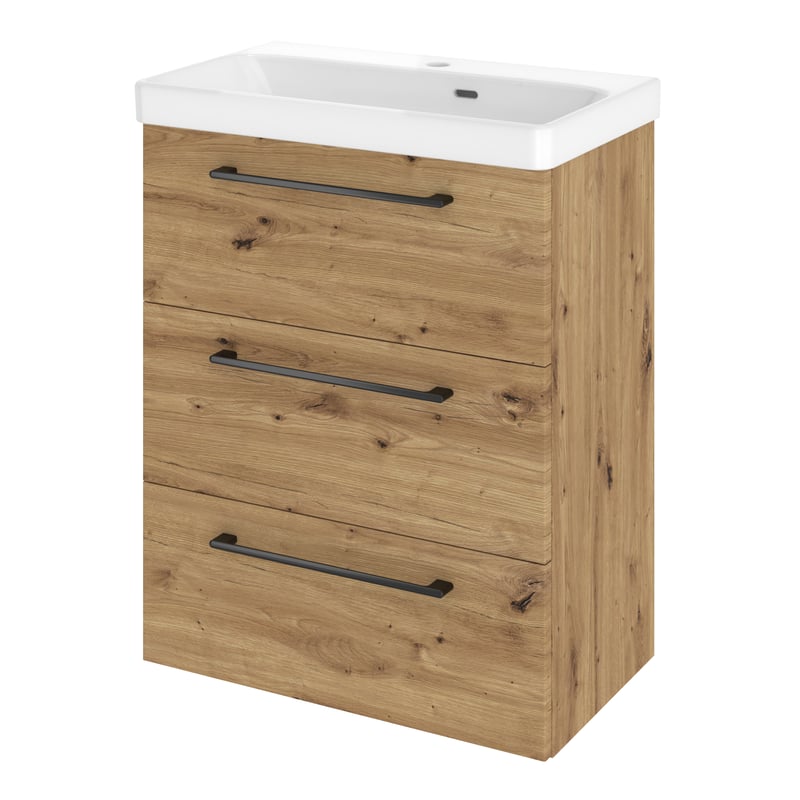 Szafka umywalkowa wisząca 3 szuflady z umywalką 61x36.7 cm zestaw Remix brązowa złoty dąb Sensea