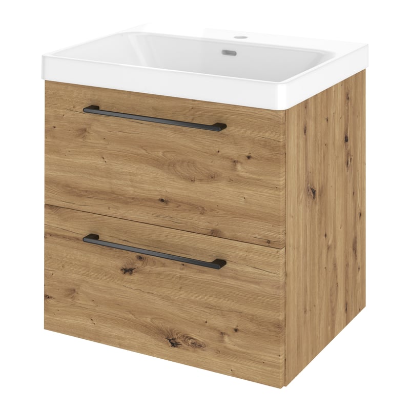 Szafka umywalkowa wisząca 2 szuflady z umywalką 61x49.5 cm zestaw Remix brązowa złoty dąb Sensea