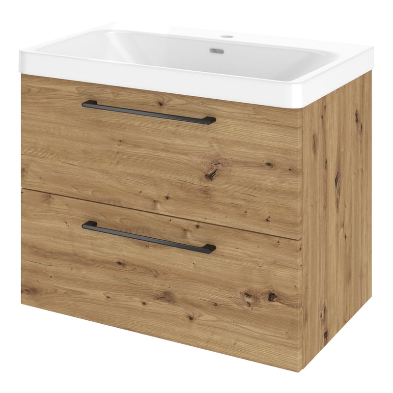 Szafka umywalkowa wisząca 2 szuflady z umywalką 76x49.7 cm zestaw Remix brązowa złoty dąb Sensea