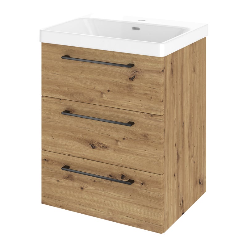 Szafka umywalkowa wisząca 3 szuflady z umywalką 61x49.5 cm zestaw Remix brązowa złoty dąb Sensea