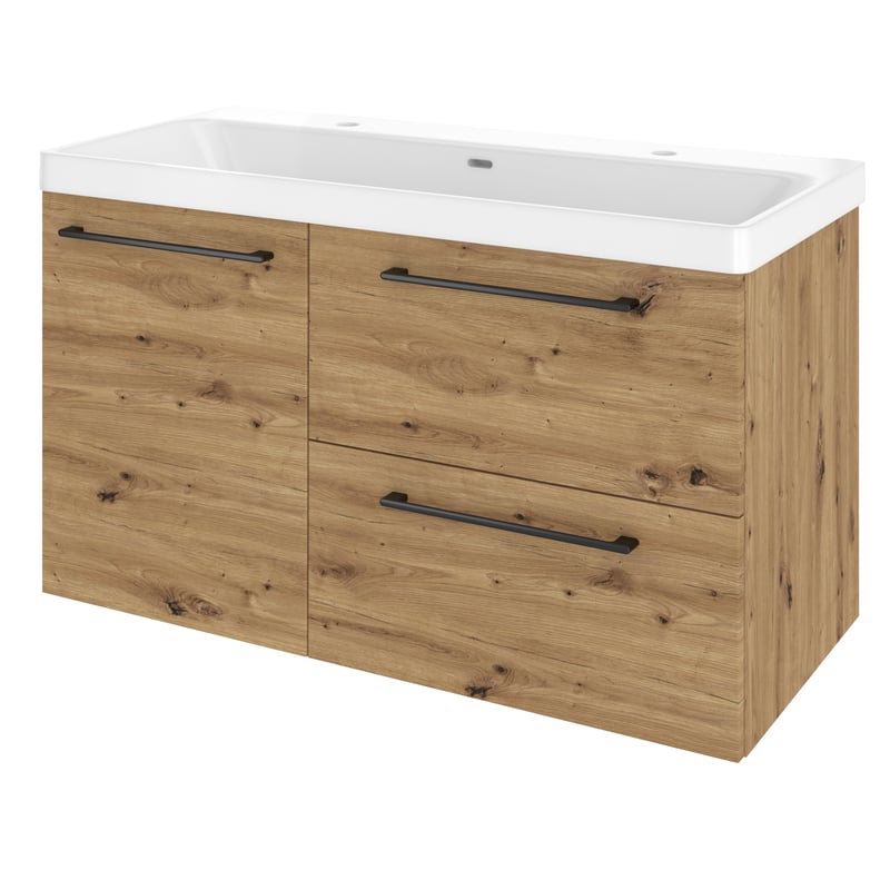 Szafka umywalkowa wisząca 2 szuflady + drzwiczki z umywalką 106x49.7 cm zestaw Remix brązowa złoty dąb Sensea