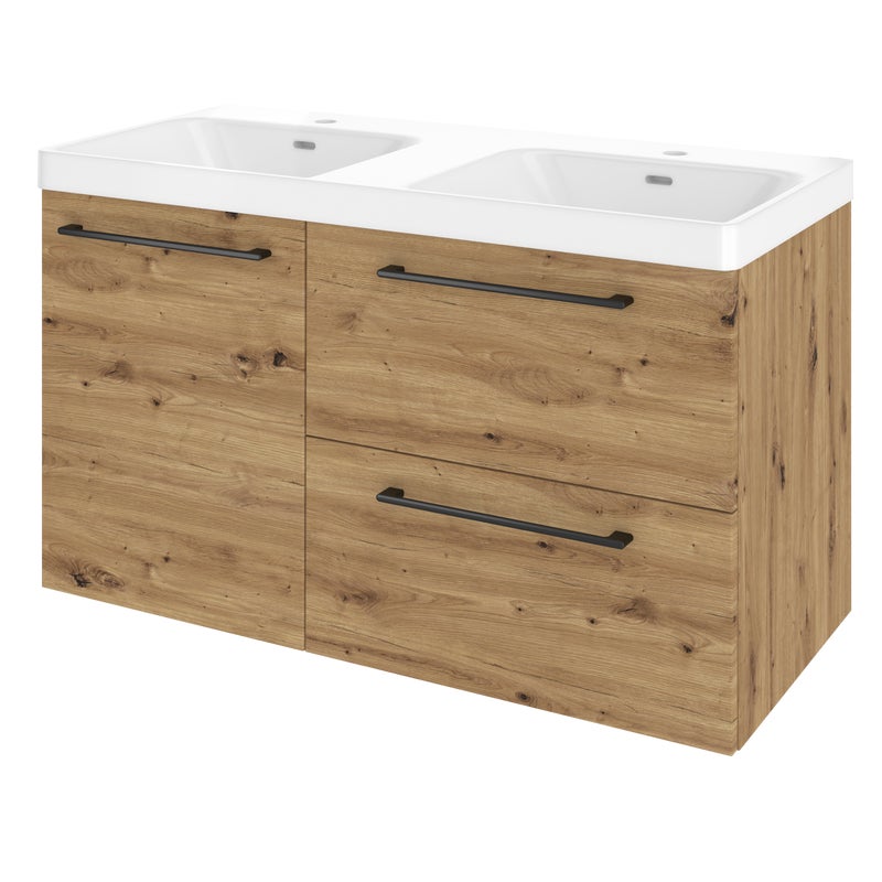 Szafka umywalkowa wisząca 2 szuflady + drzwiczki z umywalką podwójną 106x49.7 cm zestaw Remix brązowa złoty dąb Sensea