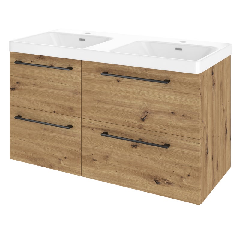 Szafka umywalkowa wisząca 4 szuflady z umywalką podwójną 106x49.7 cm zestaw Remix brązowa złoty dąb Sensea