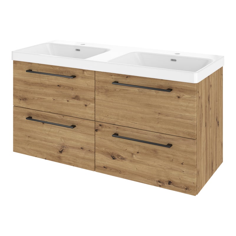 Szafka umywalkowa wisząca 4 szuflady z umywalką podwójną 121x49.7 cm zestaw Remix brązowa złoty dąb Sensea