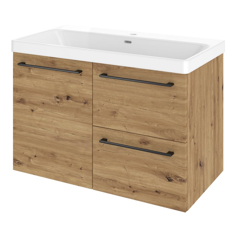 Szafka umywalkowa wisząca 2 szuflady + drzwiczki z umywalką 91x49.7 cm zestaw Remix brązowa złoty dąb Sensea