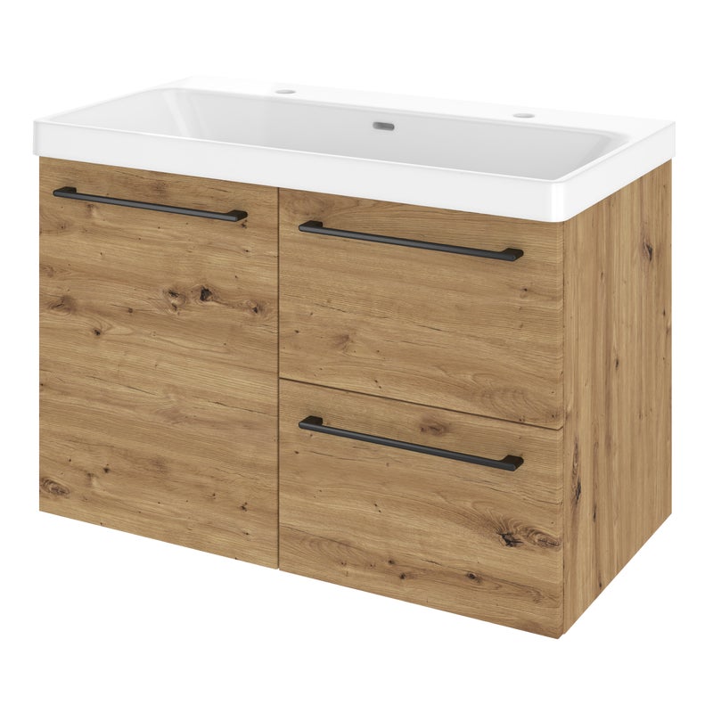 Szafka umywalkowa wisząca 2 szuflady + drzwiczki z umywalką 91x49.7 cm zestaw Remix brązowa złoty dąb Sensea