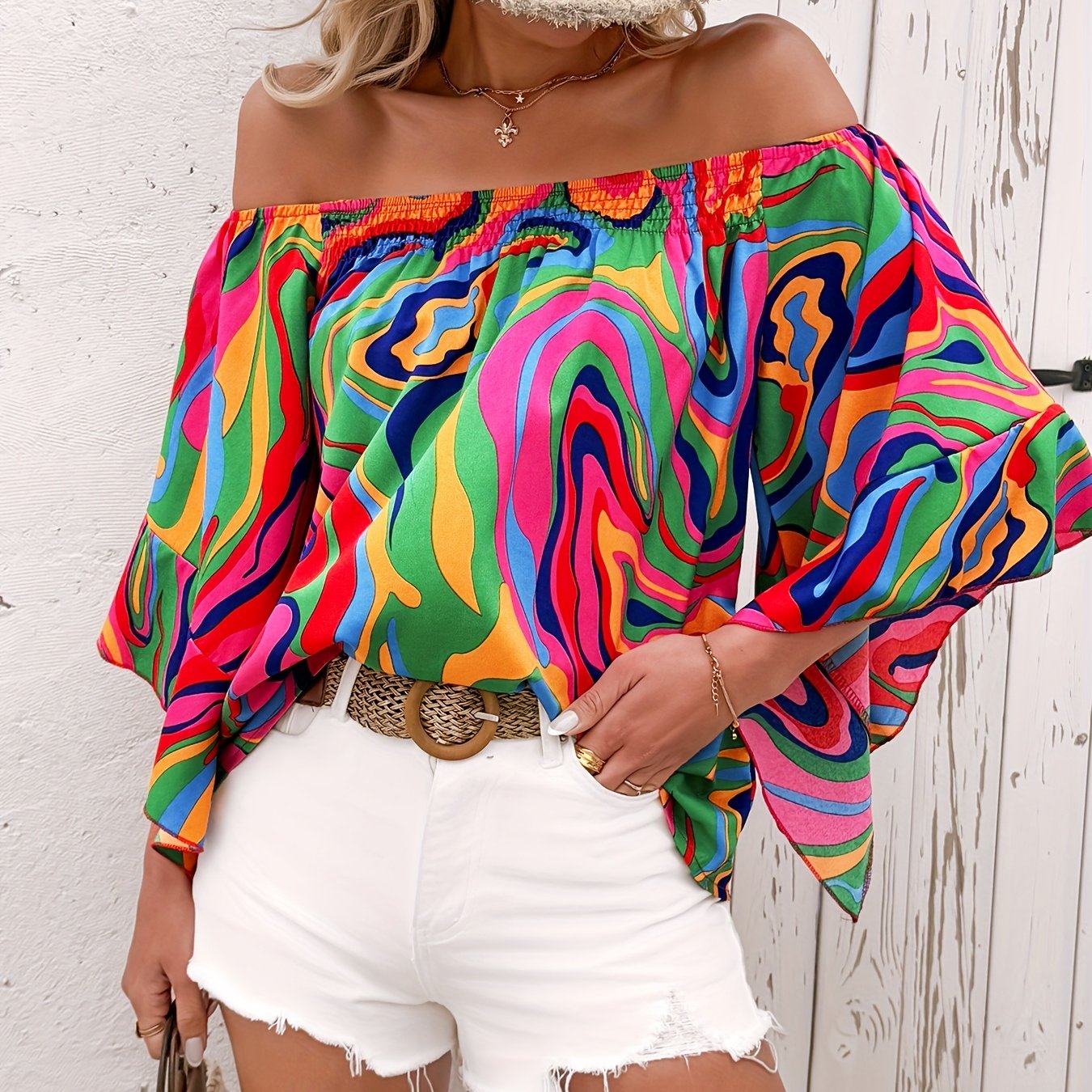 TEMU Elegancka bluzka z marmurowym wzorem na ramię dla kobiet - swobodny kroj, długie rękawy z falbankami, kolorowy design, idealny na /letnie