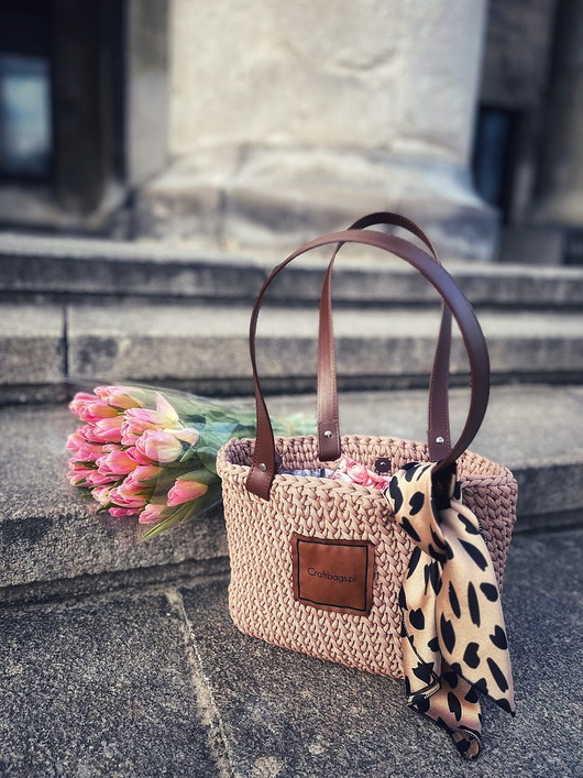 Shopperka Craftbags z lekkiego sznurka - karmelowa z apaszką