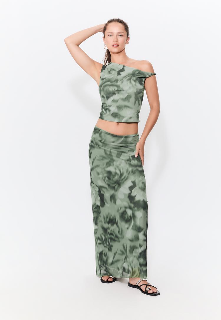 Stradivarius Spódnica midi z wzorzystego tiulu Khaki M