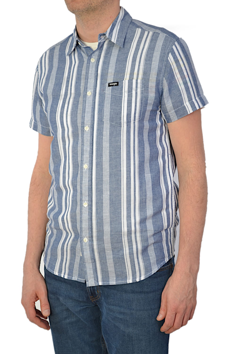 WRANGLER 1PKT SHIRT REAL NAVY KOSZULA KRÓTKI RĘKAW W PASKI