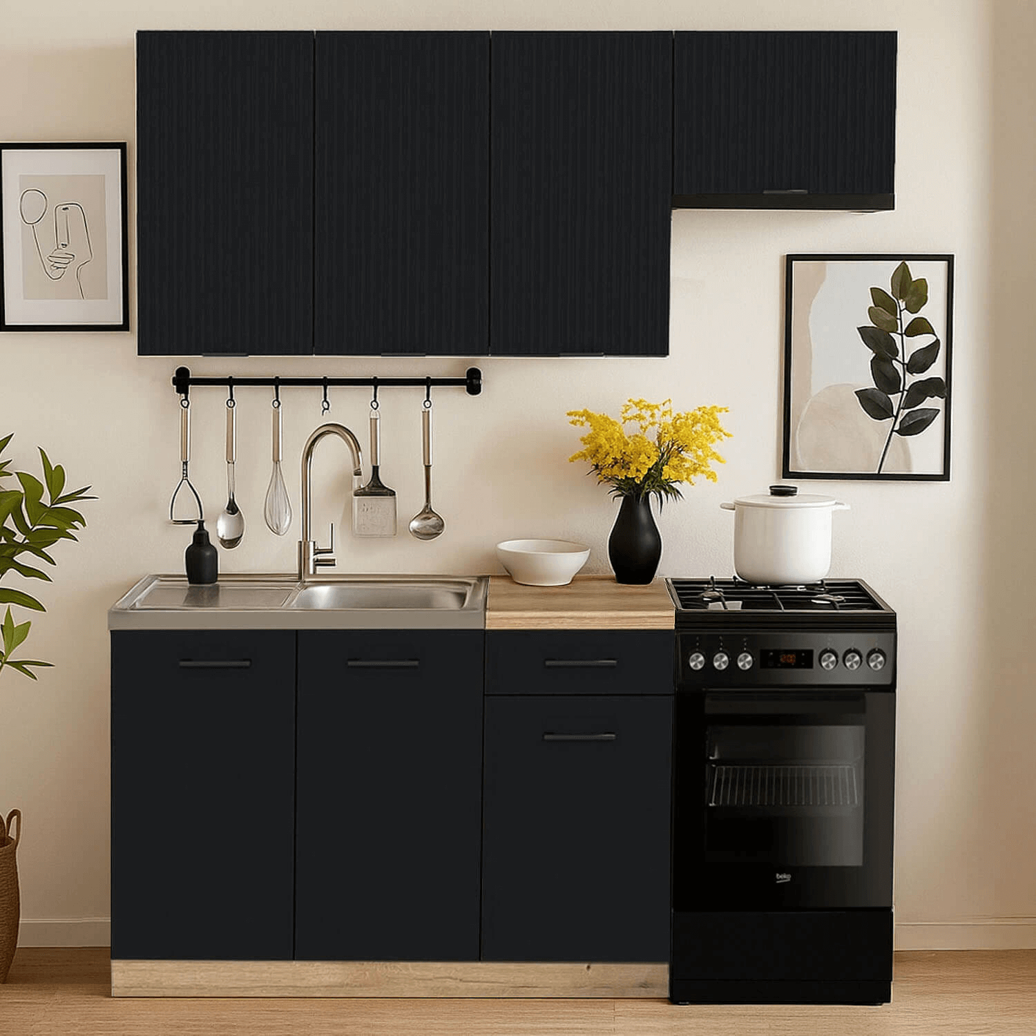 Zestaw Mebli Kuchennych MODERN 170 cm Czarny Ryflowany Loftowy