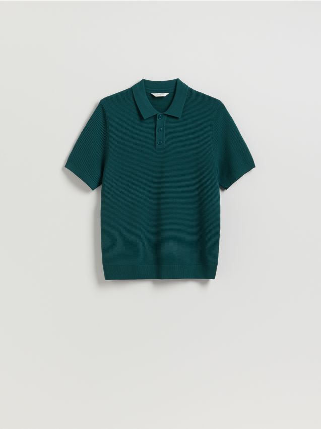 Reserved - Strukturalny sweter polo - morski